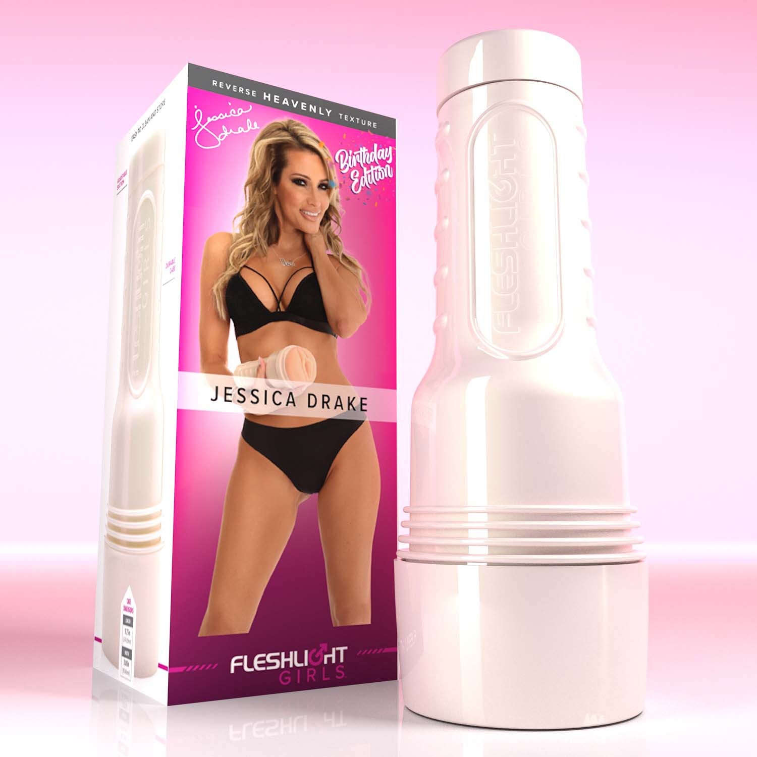 Jessica Drake in black lingerie on pink Birthday edition Fleshlight packaging with pearl case.